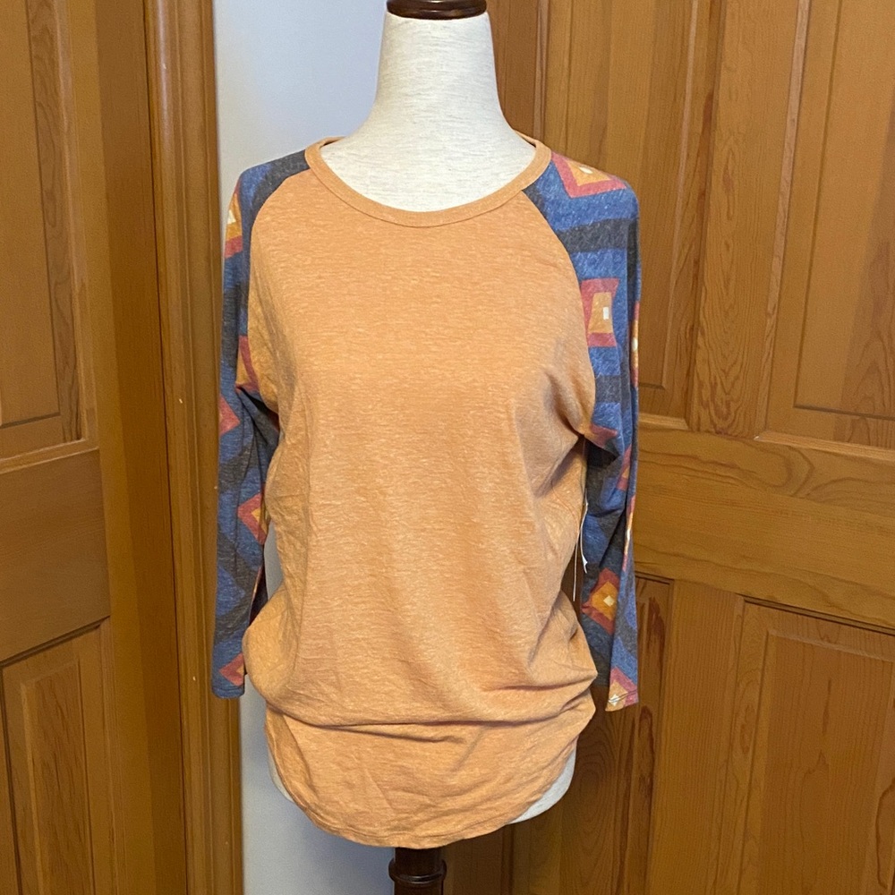 LuLaRoe Orange and Blue Patterned Sleeve Top